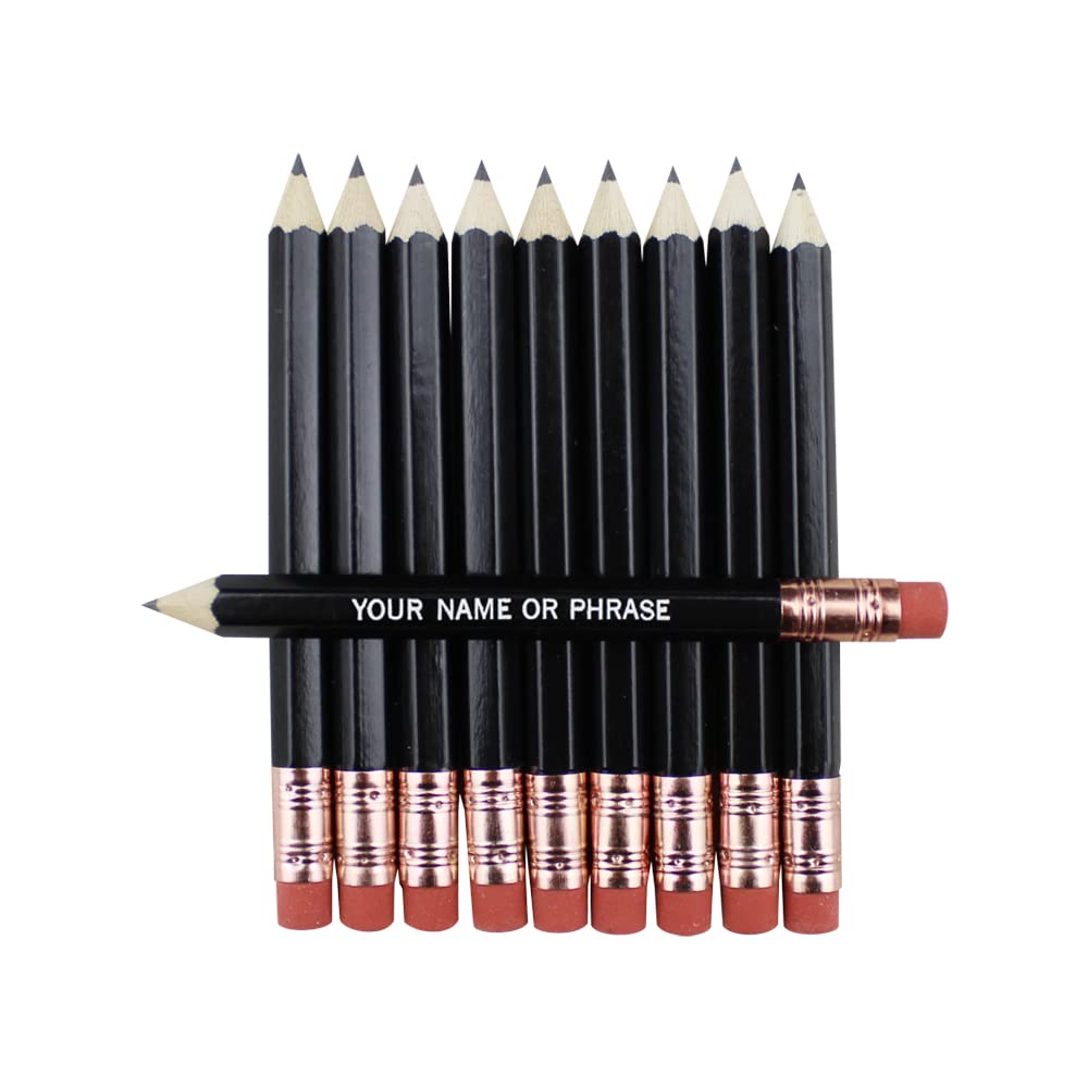 EZPENCILS & GIFTS - Golf Pencils Tipped with Eraser (1/2 a Pencil - Pew Pencils) - Black Colored Barrel - FREE-PERSONALIZATION - 2HB Black Lead -