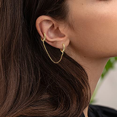THUNARAZ 4 Pairs Trendy Chain Earrings for Women 14K Gold Plated Double Piercing Butterfly Dangle Hoop Earrings Sparkled CZ Chain Hoop Cartilage Studs Earrings Set4