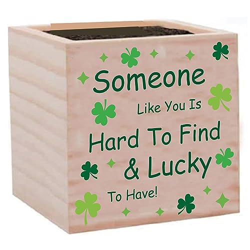 CREATCABIN Clover Small Planter Boxes Cube Wood Flower Pots Rustic Wooden Plant Stand Square Planter with Pattern Window Desk Decorative for Garden Indoor Outdoor Patio Teacher Office Gift 3 x 3 Inch
