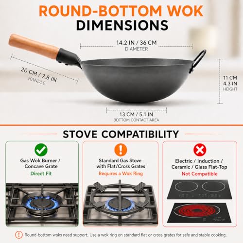 Image of WANGYUANJI 14.2 Inch Round Bottom Carbon Steel Wok, Nitrided Iron Chinese Stir Fry Pan for Gas Wok Burner, Wok Ring Needed for Flat Gas Grates, Wooden Handle