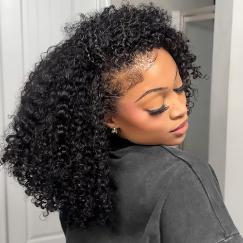 XSY Curly Half Wig Human Hair Wear and Go Kinky Curly Headband Wig for Black Women 3 In 1 Seamless Flip Over Half Wigs Curly Wig Human Hair with Drawstring Beginner Friendly 14 Inch
