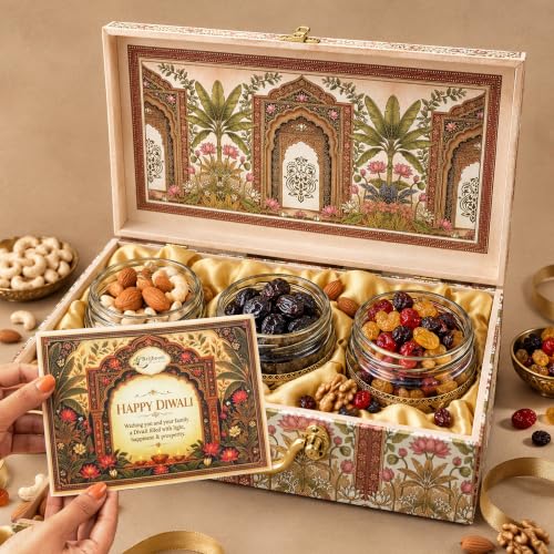 Image of Brijbooti Dry Fruits Gift Pack 510g | Premium Dry Fruits Gift Box | Almonds & Cashew Mix, Khajoor & Mix Berries | Diwali Gift Hamper | Diwali Gifts for Employees | Corporate & Festive Gift | 3 Jar Pack | Premium Peacock Design Suitcase
