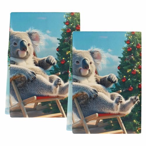 Artwork Store Merry Christmas Tree Koala Seaside Beach Kitchen Towels 2 Pack Absorbent Cotton Dishtowels Bar & Tea Towels Set,18x28 Inches Ultra Soft Hand Towels Quick Drying Dishcloth