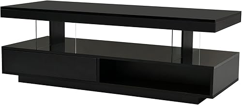 Miniatura 7 de Mesa de centro LED de 51.2 pulgadas, mesa central moderna con 2 cajones y estantes de exhibición, muebles de mesa para sala de estar con superficie