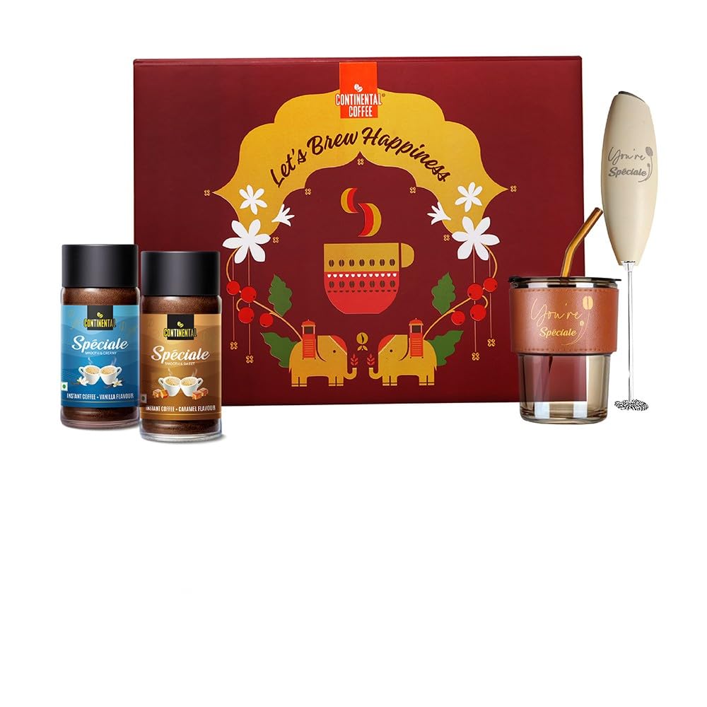 CONTINENTAL COFFEE GIFT BOX HAMPER SET | Continental Speciale Vanilla & Caramel Flavoured Coffee Powder 50gm Jar | Premium Tumbler 350ml | Stainless Steel Electric Handheld Frother | Festival Gift Box | Diwali Gift Box