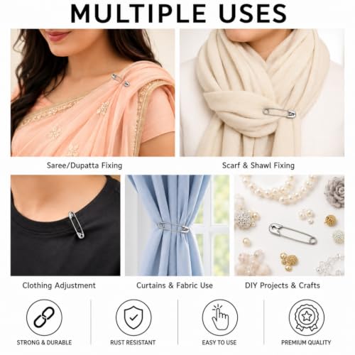 Image of Safety Pin 0, 1 & 2 Combo | Stainless Steel Rust-Resistant Safety Pins for Saree, Dupatta, Sewing, Tailoring, Quilting, Craft & Daily Household Use (Silver)
