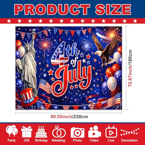 Image of BlissYard 4th of July Backdrop Independence Day Patriotic Decorations Statue of Liberty Bald Eagle Fireworks Party Banner 8x6ft Fourth of July Party Decor USA Patriotic Holiday Decoration