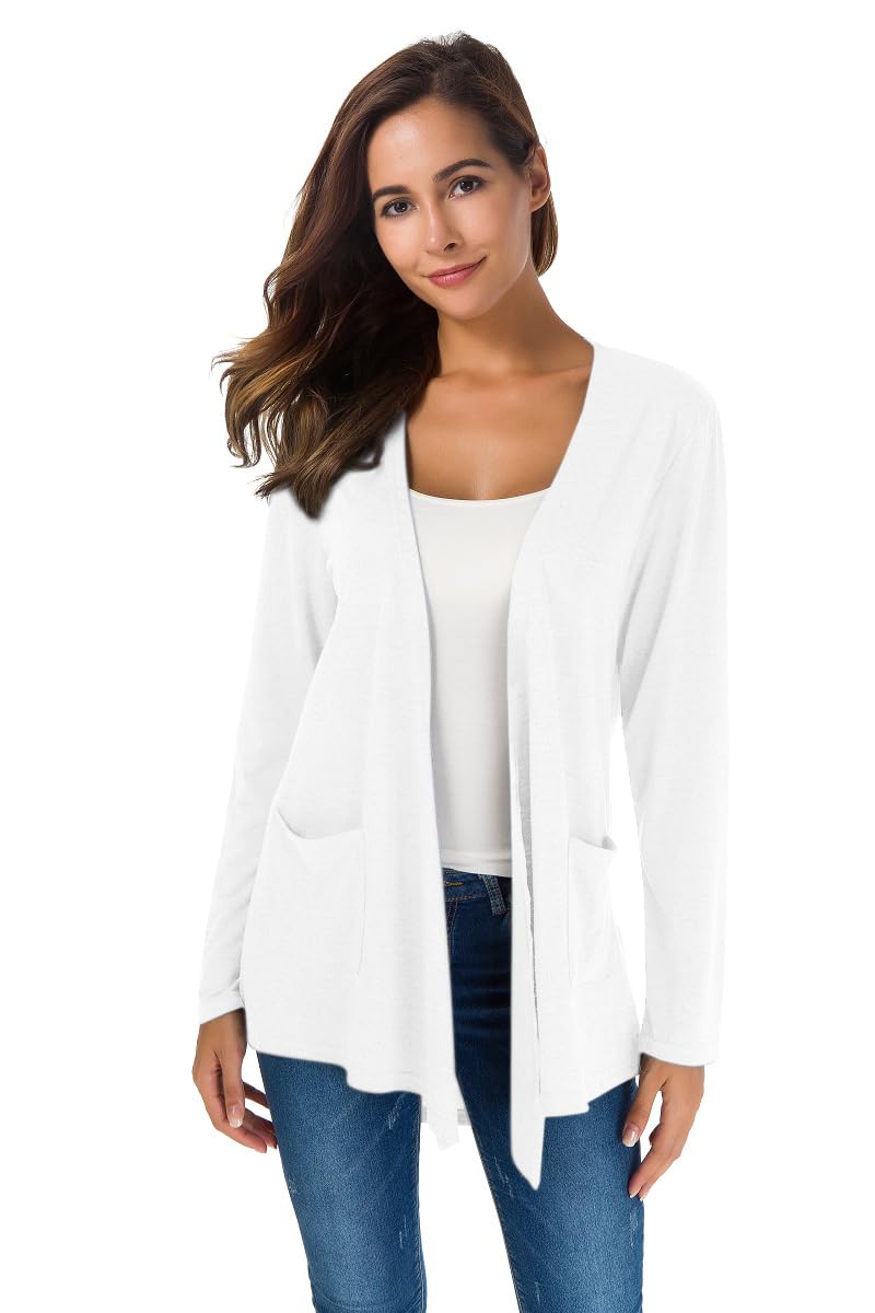 Womens Lightweight Cardigans Long Sleeve Open Front Casual Cardigan with Pockets, White, Large-image-49
