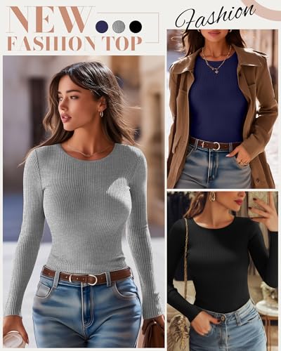 Riyiper 3 Pack Women's Long Sleeve Shirts, Cotton Crew Neck Ribbed Tops Slim Fit Casual Knit Tees Stretch Basic T Shirts 20253