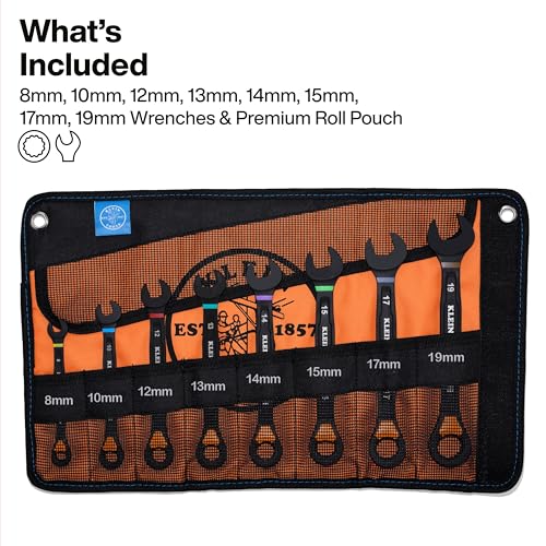 Image of KLEIN TOOLS 69508M Metric Ratcheting Combination Wrench Set, 8-Piece, Slide-Lock 90-Tooth Ratchet, I-Beam Handle, Color-Coded Size Markings, Roll Pouch Storage