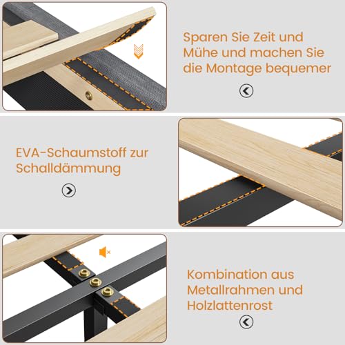 Brinlawb Bett 90x200 mit Lattenrost aus Holz, Bettgestell 90 x 200 cm mit LED Beleuchtung, Gästebett Jugendbett 90x200 cm Einzelbett Schwebebett mit Grauem Leinen, perfekt für Schlafzimmer Gästezimmer
