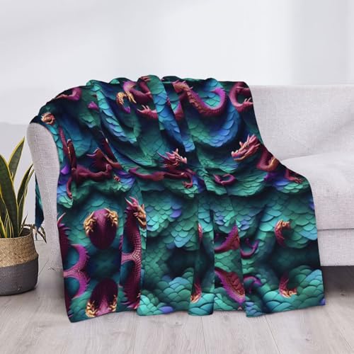 Couverture de lit de luxe à motif écailles de dragon, plaid flanelle doux 3D chaud