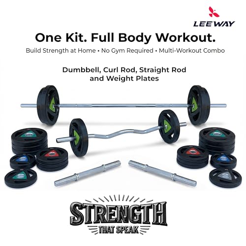 Image of Leeway 50kg Complete Home Gym Combo | Rubber Coated Metal Integrated Weight Plates | 28mm Standard Barbell Tri-Grip | 5ft Rod + Curl Rod + Dumbbells | Black | 50kg Set (2.5x4+5x4+10x2)