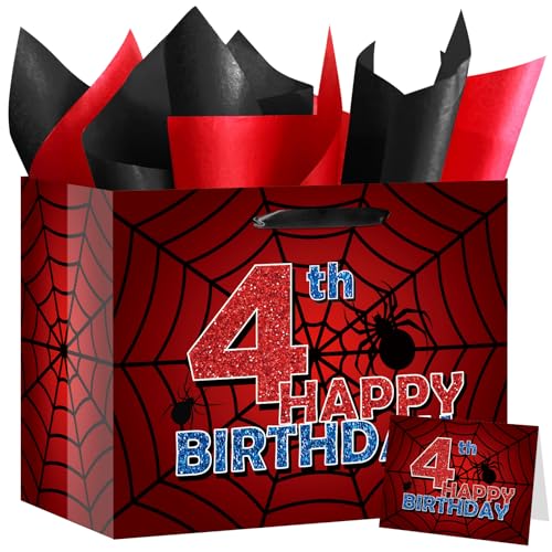 Large Spider 4th Birthday Gift Bag With Tissue Wrapping Paper Greeting Card Red Spider Web Cartoon Set for Boys 4 Years Old Kids Child Son Fourth Happy Birthday Party Supplies Decor Favors Present