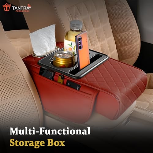 Image of TANTRA Premium Car Armrest Cushion Organizers, 5-in-1 Center Console Cover with 2 Storage Bags Cup Holder, Tissue Box Slot, Phone Slot for Sedans, Car Accessories Interior Organizers (Red)