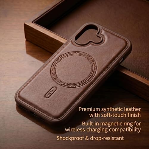 Image of amazon basics Premium PU Leather Case for iPhone 16, MagSafe Compatible Magnetic Ring, Sleek Protective Back Cover - [Brown]