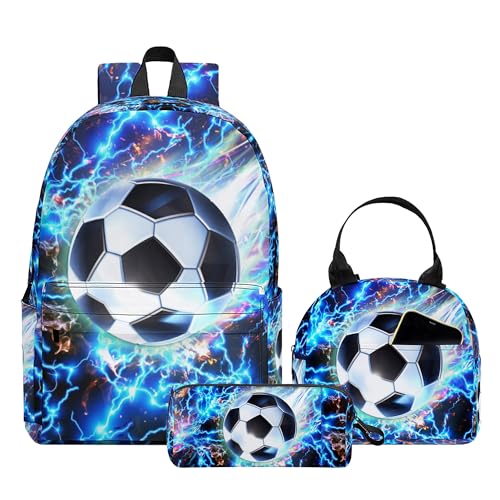 3PCS Backpack for Boys Girls, Kids Backpack Sets with Lunch Bag Pencil Case, Large Capacity 17 Inch Bookpack 3 in 1 Set for Teens Elementary Middle High School Students (Soccer)