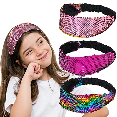 Beinou Sequin Headband Mermaid Sequins Reversible Hairband Filp Gitter Headbands for Girls Elastic Sparkly Bling Sport Head Band Non Slip Velvet Hair Bands for Women Girls (3 Pack)
