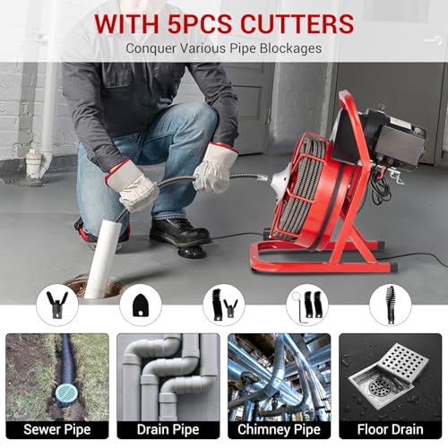 75FT x 1/2in Drain Cleaner Machine, 400W Electric Drain Snake with 6 Cutters & Foot Switch for 1" to 4" Pipes, Heavy Duty Sewer Auger for Sinks, Toilets, Showers