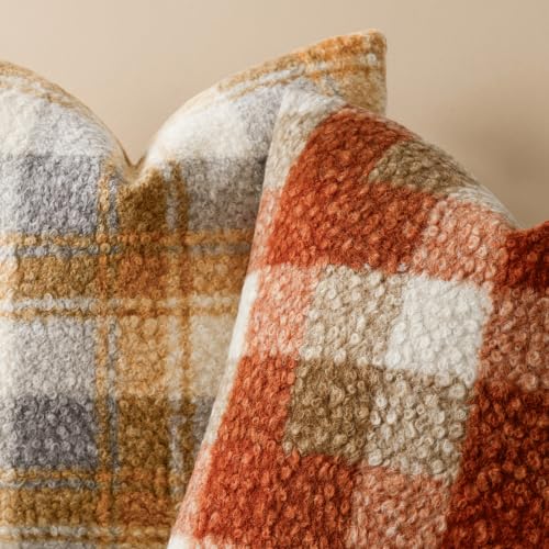 Image of Foindtower Pack of 2 Soft Faux Fur Boucle Throw Decorative Pillow Covers Fuzzy Accent Check Cushion Sherpa Boho Farmhouse Pillowcase for Couch Sofa Bed Living Room Home Decor 20x20 Inch,Burnt Orange