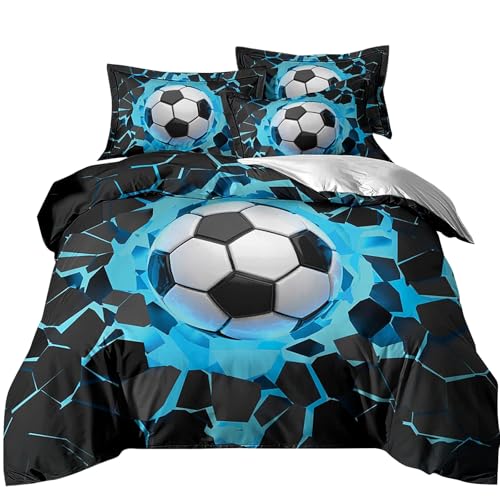 Sports Blue Soccer Duvet Cover Set for Kids Teens Boys, Soft Microfiber Twin 86