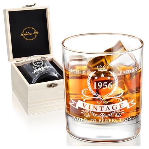 70th Birthday Gifts for Men 12 oz,1955 Whiskey Glass in Valued Wooden Box