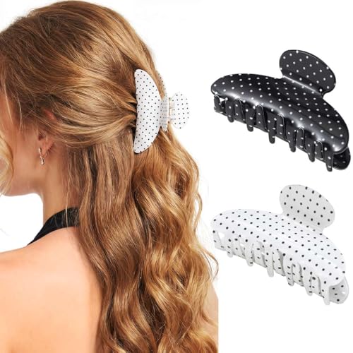 CAKURE Acrylic Hair Clips Polka Dots Claw Jaw Clips Medium Hair Claw Clip Hair Accessories for Women (Pack of 2) (a-white&black)