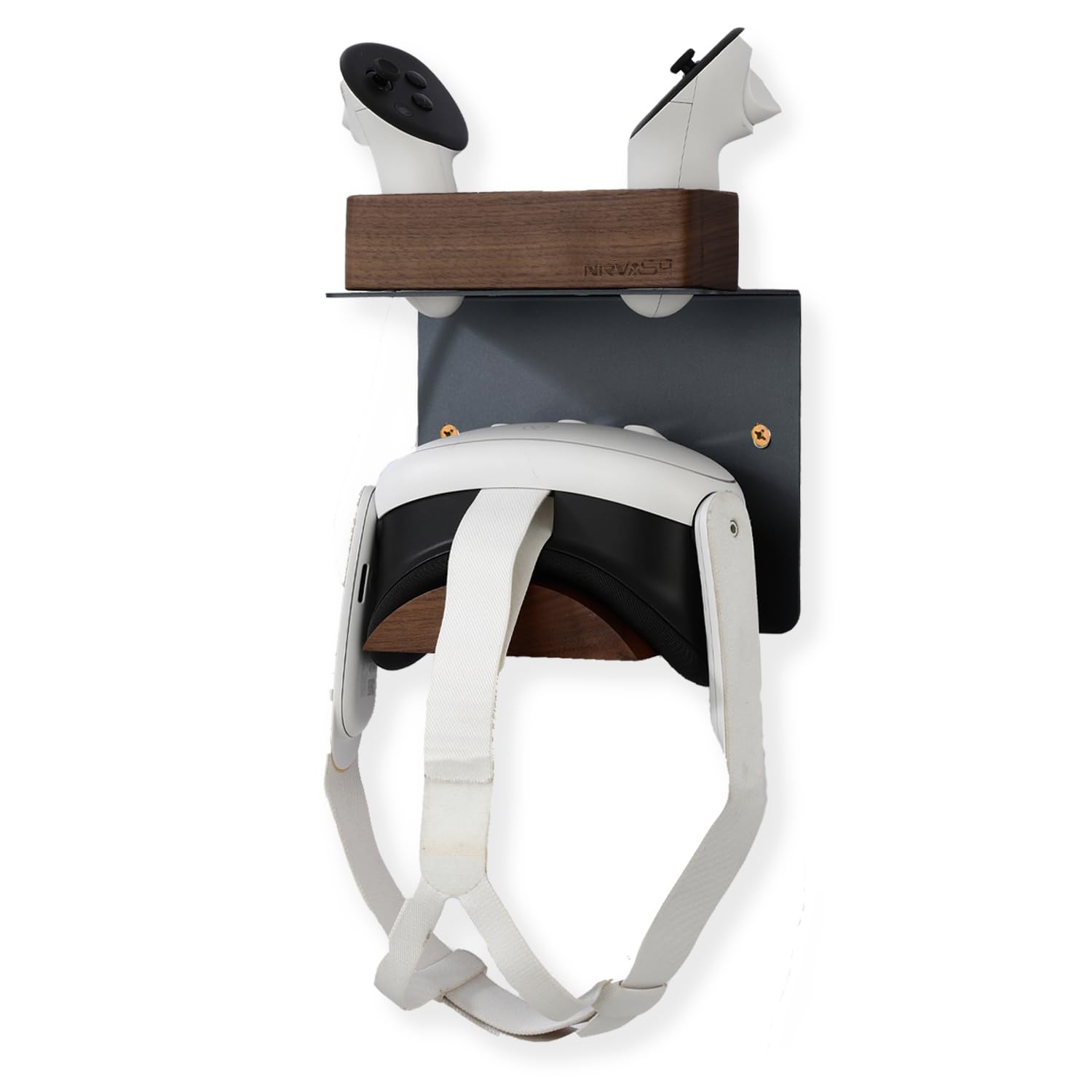 Supporto da parete in legno di noce per cuffie VR con caricabatterie, compatibile con Meta/Oculus Quest 3, 2, Quest 3S, Rift, Vive, VR Headset Display Hanger Shelf