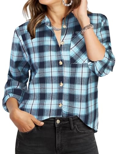 Zeagoo Collared Plaid Shirt for Women Lightweight Flaneel Blouses Long Sleeve Button Down Gingham Shirt for Casual Tops M