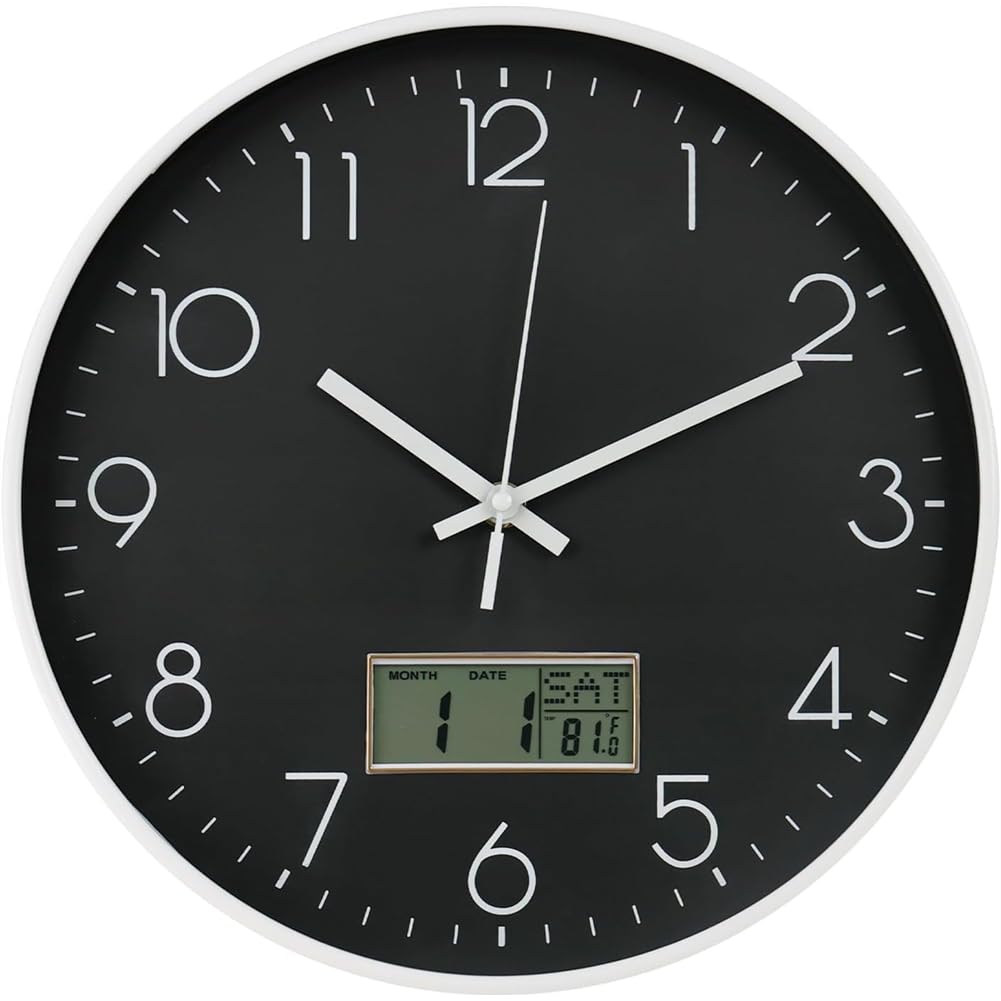 IJSDNVJNDX Digital Wall Clock Battery Operated Silent Non-Ticking Round Design Featuring Time, Day of Week and Temperature Display