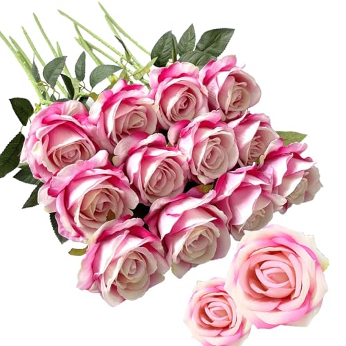 ZYEKIU 12 peças flores artificiais decoração, 52 cm rosas artificiais, realistas flores preservadas, rosa eterna, ramo de noiva para banquete casamento decoração mesa casa centros mesa (rosa)