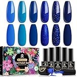 MEFA Blue Gel Nail Polish Set,6 Colors Midnight Navy Sapphire Blue Nail Polish Azure Glitter Dark Shades Starter Kit Soak Off Blue Shimmer Gel Nail Art Design DIY Salon Manicure Holiday Gift for Women