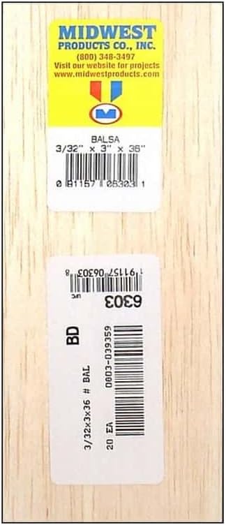 6303 Balsa Wood, 3/32 x 3 x 36-in. - Quantity 10