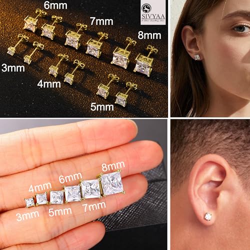 Image of SIVYAA Men's Single White /Black Square Solitaire Diamond Stud Earrings | Pure 925 Sterling Silver | Princess Cut Swiss Cubic Zirconia Ear Tops | Gift Item for Men and Boys | 6 Month Warranty