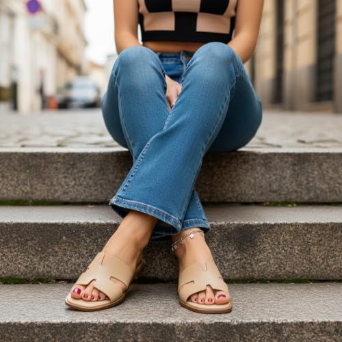 Image of CUSHIONAIRE Voyage Cutout Strap Slides for Women, Slip On Summer Flats, Trendy Footwear, Memory Foam Vegan Leather Comfortable Vacation Style Sandals