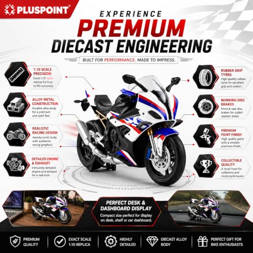 Image of PLUSPOINT Diecast 1000RR Motorcycle Model 1:10 Scale | Alloy Metal Super Bike Simulation Toy with Realistic Details | Collectible Motorbike Model for Kids, Adults, Desk & Car Dashboard Display