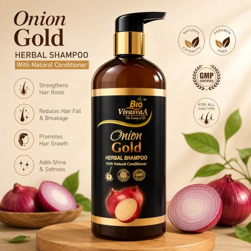 Image of Bio VivasvAA Onion Gold Herbal Shampoo with Natural Conditioner, GMP Certified, 450ml- Best anti Hair fall shampoo in ayurveda