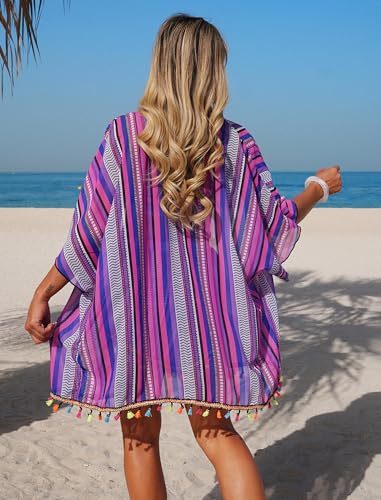 Image of ZAFUL Women 4pcs Ruched Striped Bikini Set High Cut Swimsuit with Sheer Fringed Cover Up Side Slit Shorts