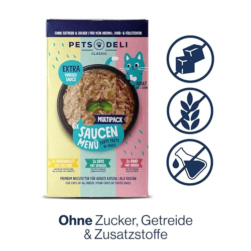 Pets Deli Getreidefreies Nassfutter Multipack Saucen Menü Huhn, Rind, Ente für Katzen 6 x 70g