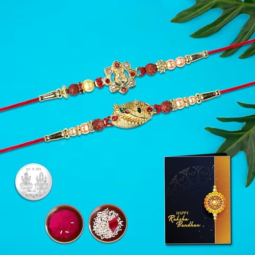 Image of Oblivion Ganesha Motif Rakhi Set of 2 for Brother with Oval Leaf Silver Colour Coin Design, Pooja Coin, Tilak Set and Greeting Card for Raksha Bandhan