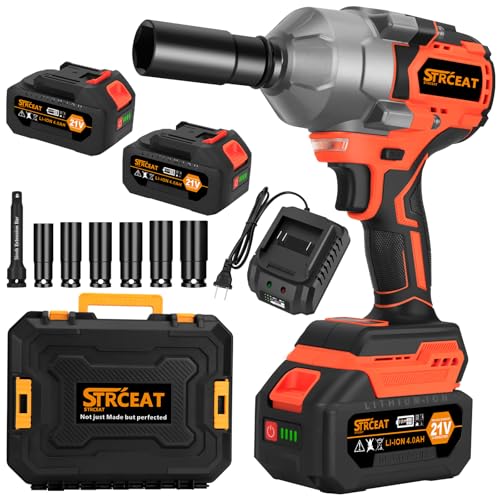 STRCEAT 1500N.m Impact Wrench,1/2' High Torque 1107ft-lbs Brushless Impact Gun with 2 x 4.0Ah Battery,21V Power Impact Driver with 5 Sockets,LED Light,Electric Impact Truck RV Car Heavy Construction