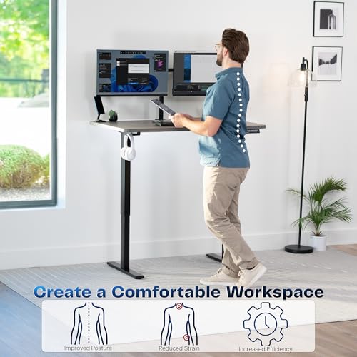 Image of VIVO Dark Gray 48 x 30 in Standing Desk, DESK-KIT-1B5G | Electric, Holds 220 lbs, Sit Stand, Height Adjustable, One-Piece Extra Deep Table Top, Memory Presets, 1B Series, Black Frame
