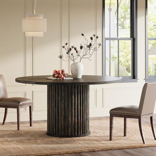 Image of Tribesigns 47.24-Inch Round Dining Table for 4-6 People, Modern Fluted MDF + Metal Base Kitchen Table, Sturdy Circle Dining Room Furniture, Black Brown