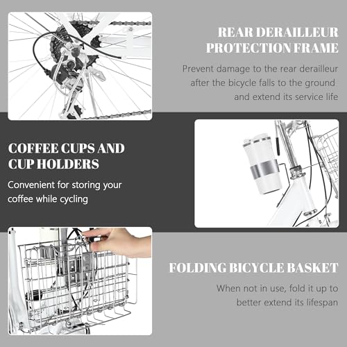Image of 24 /26 Inch Folding Beach Cruiser Bike for Women, 7-Speed Foldable Bicycle with Basket & Cup Holder, Adult Commuter Bike with Adjustable Seat, Dual V-Brake System