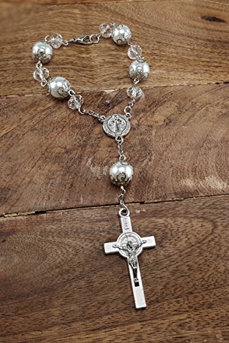 Nazareth Store Saint Benedict Evil Protection Medal White Clear Crystal Beads Rosary Car Auto Mirror Rearview #TOP3