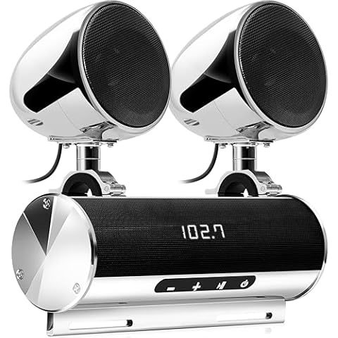 GoHawk RD8-X40 Waterproof Motorcycle Bluetooth Stereo 4 Speakers 600W Amplifier Audio System Handlebar Mount Soundbar MP3 Music Player for Harley ATV 4-Wheeler FM Radio USB AUX RCA Output Chrome Cover
