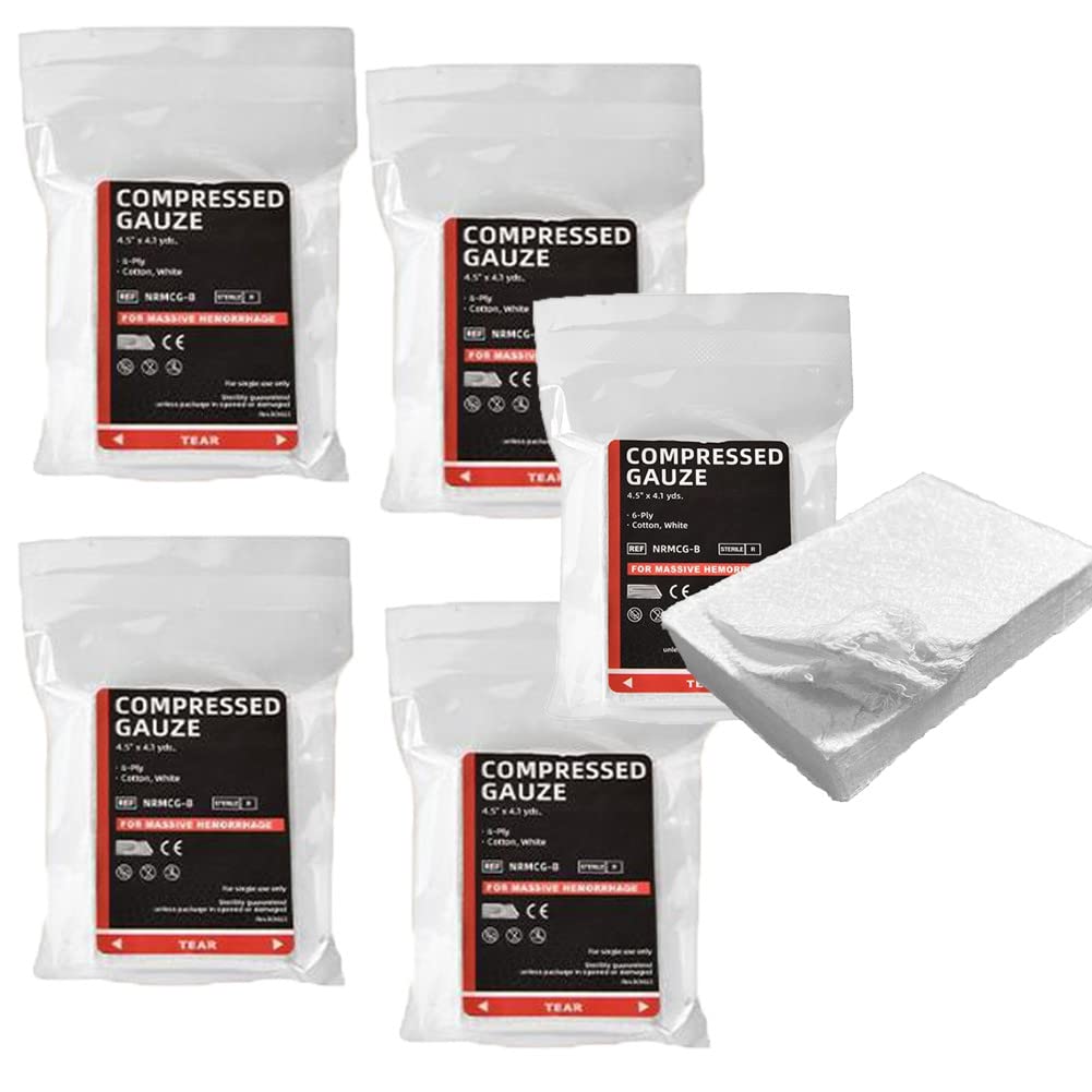 5 Pack Z-Folded Compressed Sterile Gauze 4.5" x 4.1Yards, Essential First Aid and Stop The Bleed Kit Supply for Home, Medical, and Tactical Emergency Use