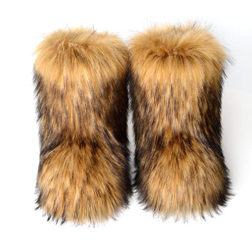 yamerbo Women's Faux Fur Snow Boots, Fuzzy Flurry Leg Warm Boots, Winter Mid-Calf Snow Shoes, Fashion and Comfortable Outdoor Boots