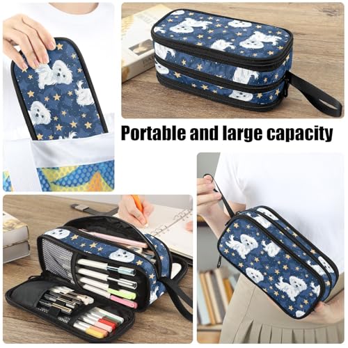 Image of Fustylead Cute Cartoon Maltese and Stars Pen Pencil Case Makeup Pouch Big Capacity Multi-Purpose Travel Bag Office Organizer with Zipper
