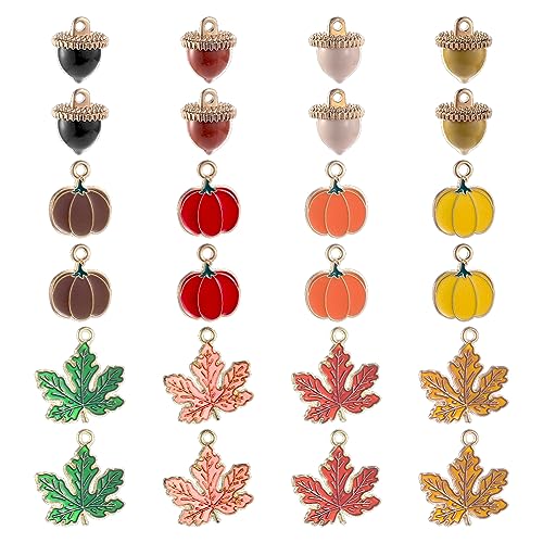 SUNNYCLUE 1 Box 24pcs Fall Charms Bulk Maple Leaf Charm Alloy Enamel Autumn Charms Thanksgiving Leaves Pumpkin Nut Charm for jewellery Making Holiday DIY Earring Bracelet Necklace Women Adults